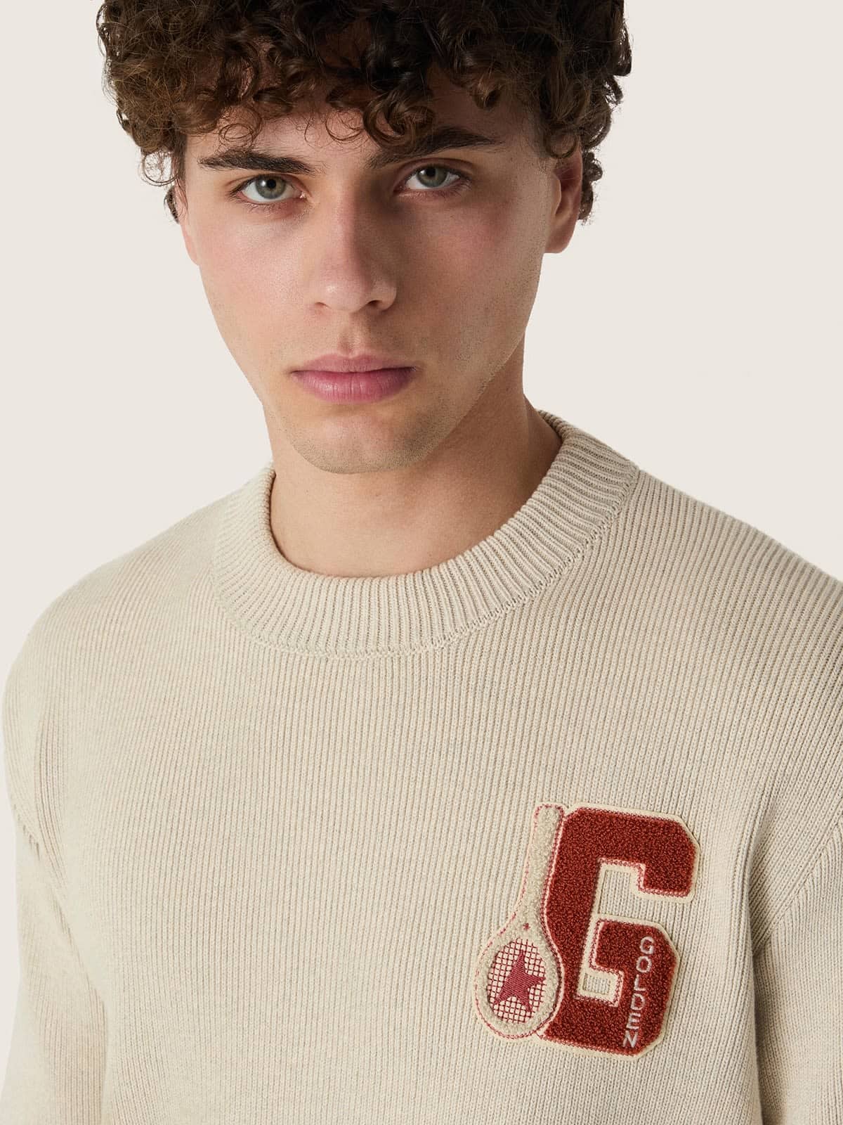 Golden Goose - Unisex crew-neck sweater in beige cotton with patch on the front and logo on the back in 