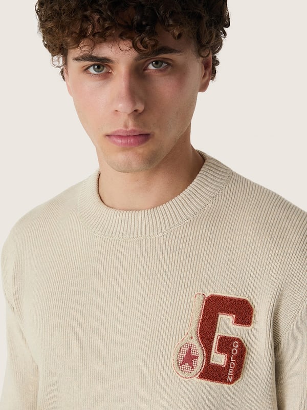 Golden Goose - Unisex crew-neck sweater in beige cotton with patch on the front and logo on the back in 