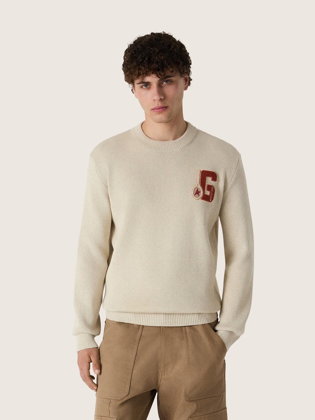 Golden Goose - Unisex crew-neck sweater in beige cotton with patch on the front and logo on the back in 