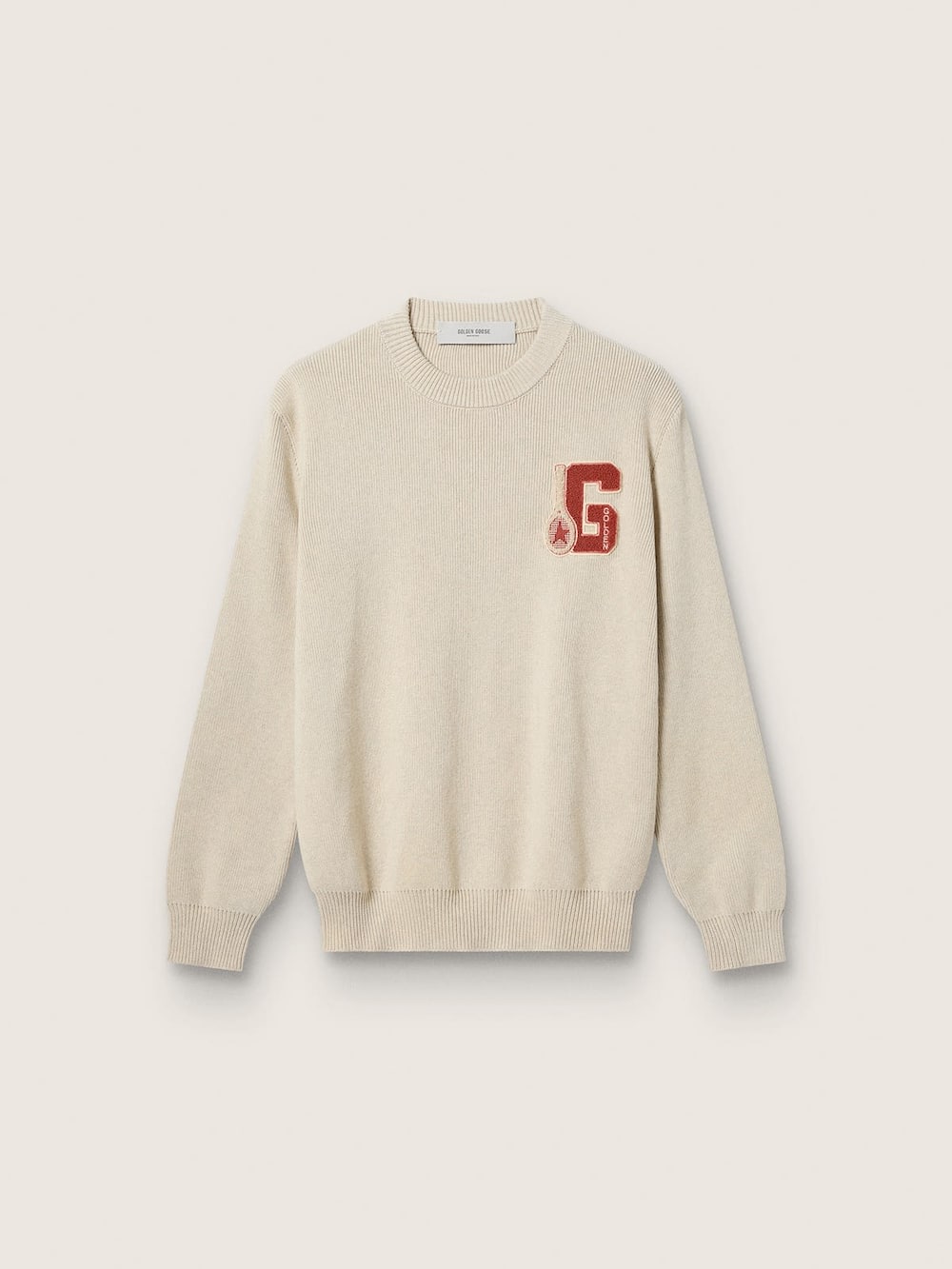 Pull ras-du-cou unisexe en coton beige avec patch sur le devant et logo dans le dos — Golden Goose