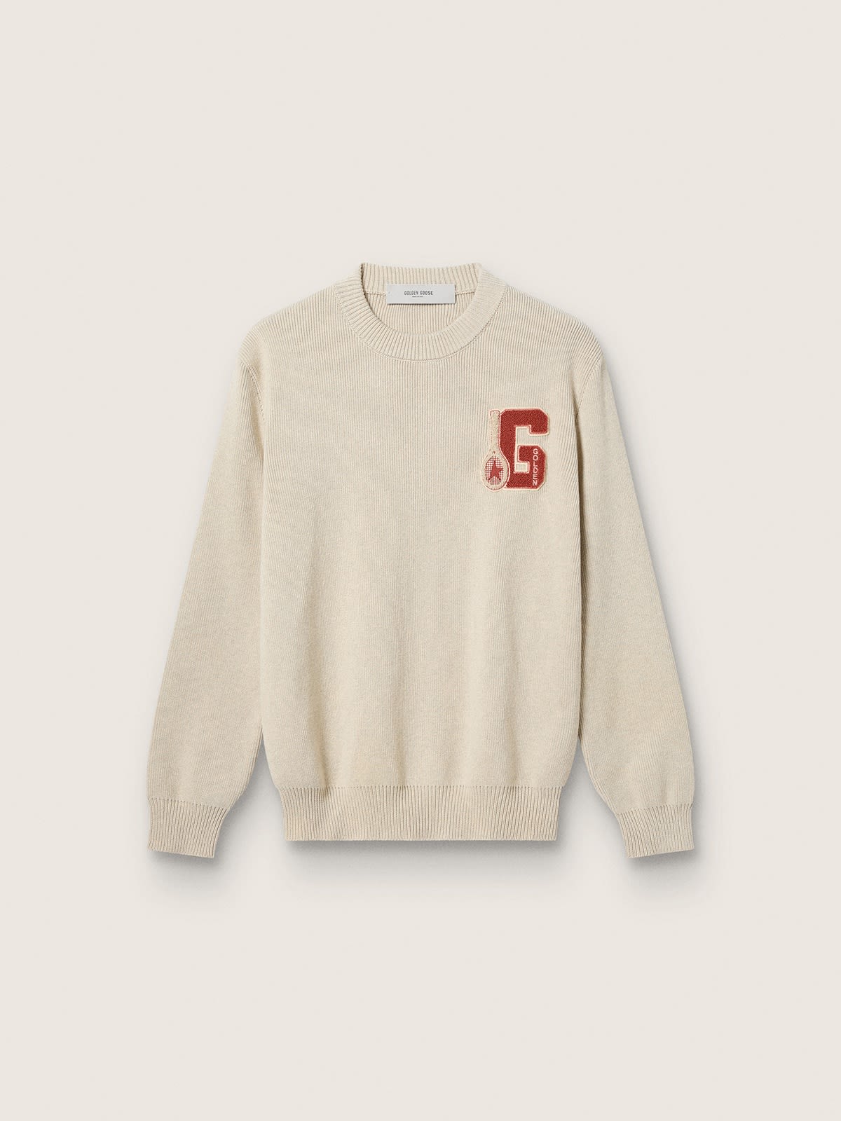 Pull ras-du-cou unisexe en coton beige avec patch sur le devant et logo dans le dos — Golden Goose