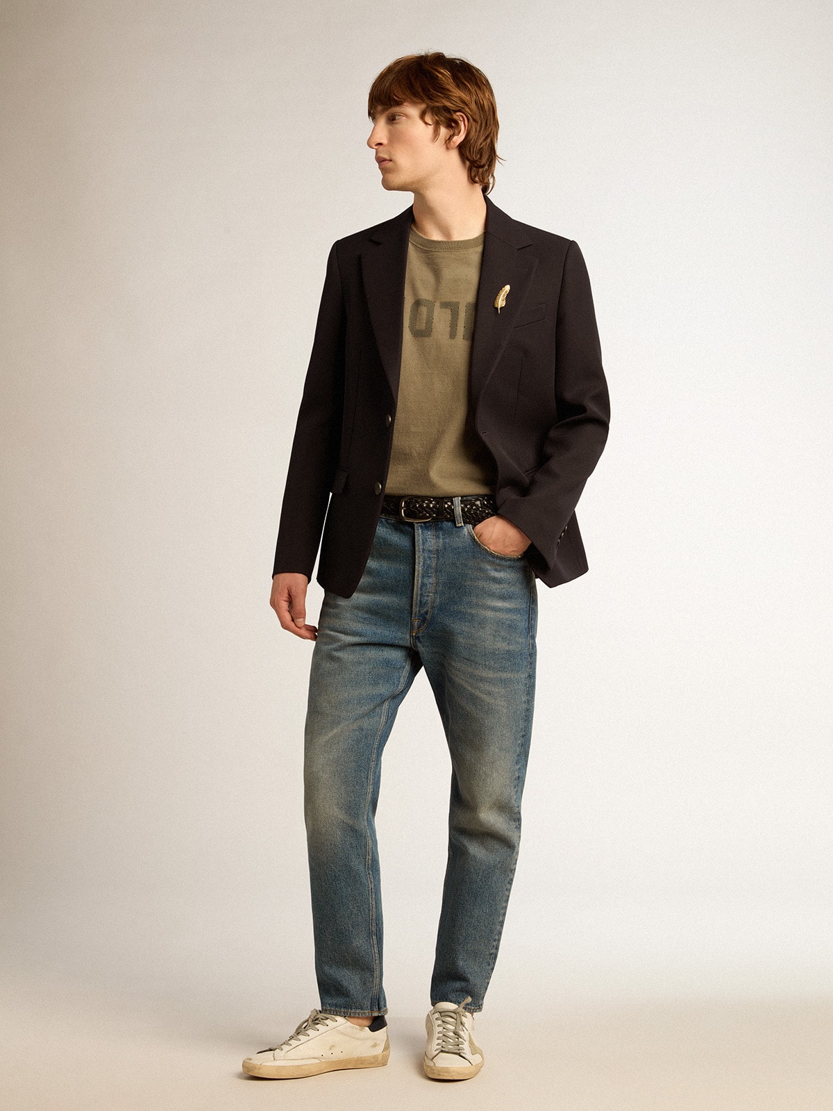 Golden Goose - Men’s single-breasted blazer in dark blue wool gabardine in 