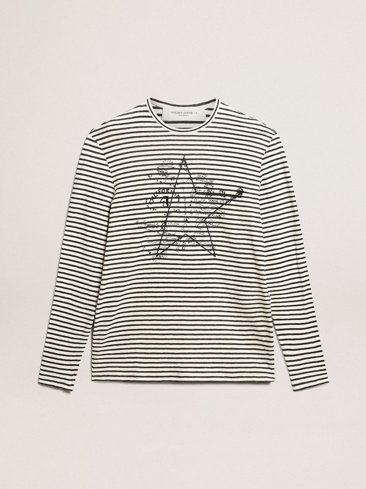 Golden Goose - Men's T-shirt with white and blue stripes and embroidery on the front in 