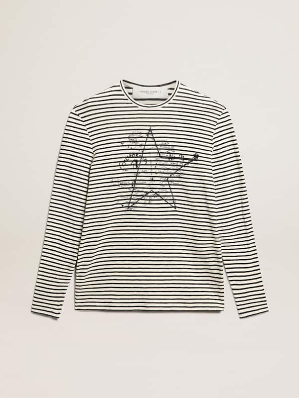 Golden Goose - Men's T-shirt with white and blue stripes and embroidery on the front in 