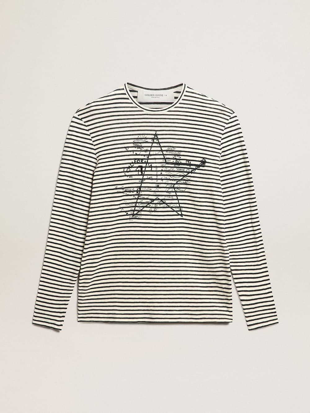 Golden Goose - Men's T-shirt with white and blue stripes and embroidery on the front in 