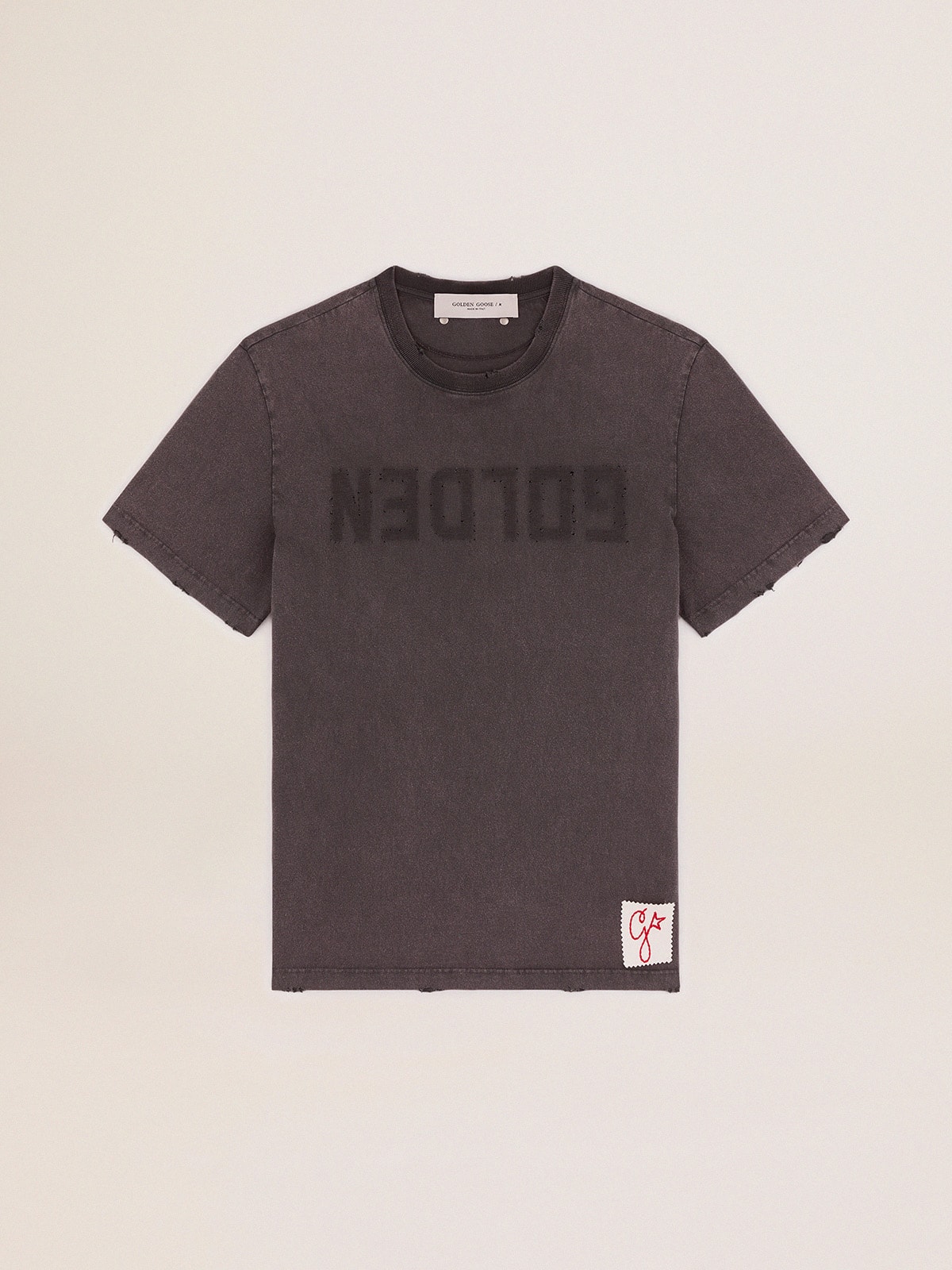 Golden Goose - T-shirt da uomo di color grigio dal trattamento distressed in 