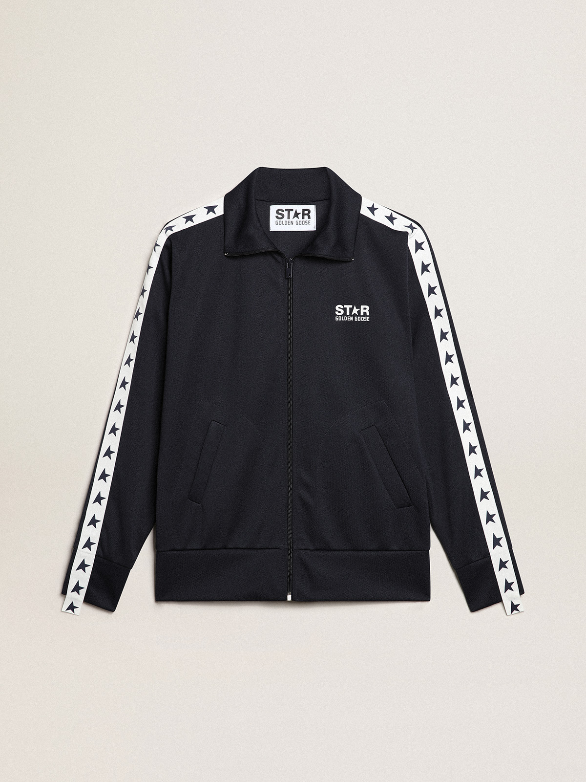 Sweat-shirt bleu foncé avec ruban blanc et étoiles bleuet contrastées — Golden Goose