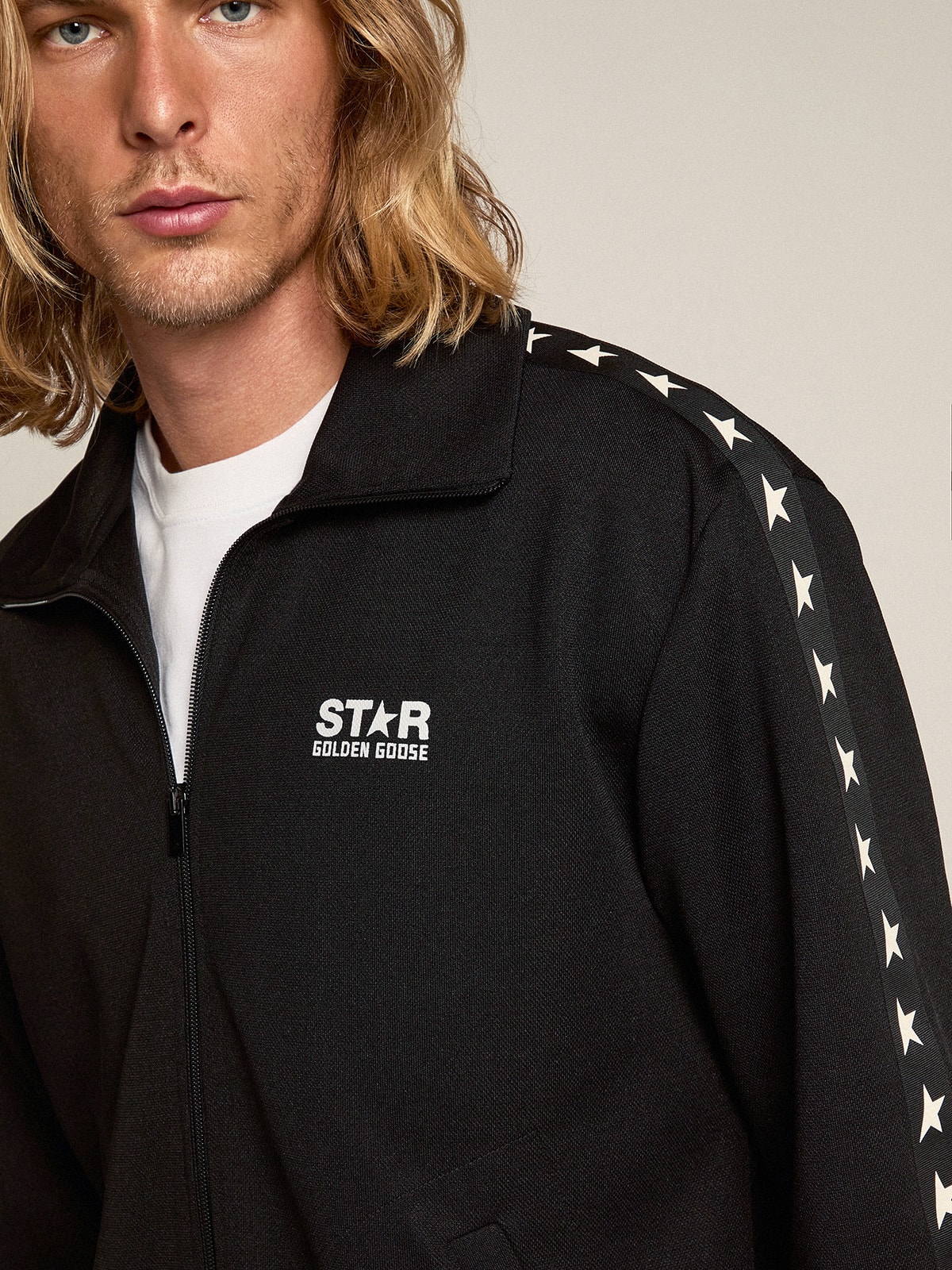 Men s black zipped sweatshirt with white stars Golden Goose