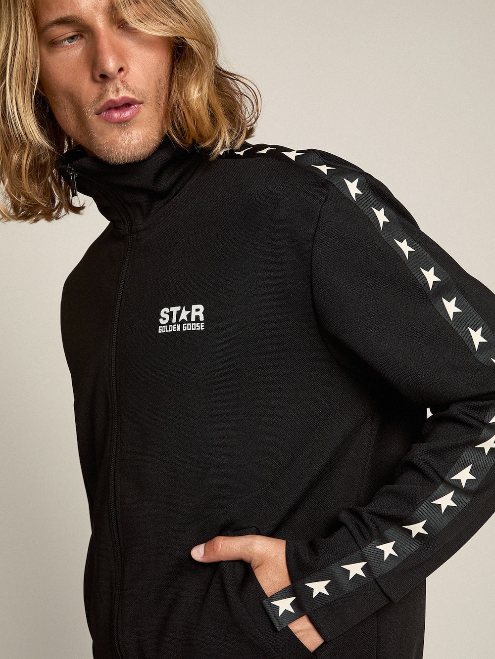 Golden Goose - Schwarzes Herren-Sweatshirt mit Reißverschluss und weißen Sternen  in 