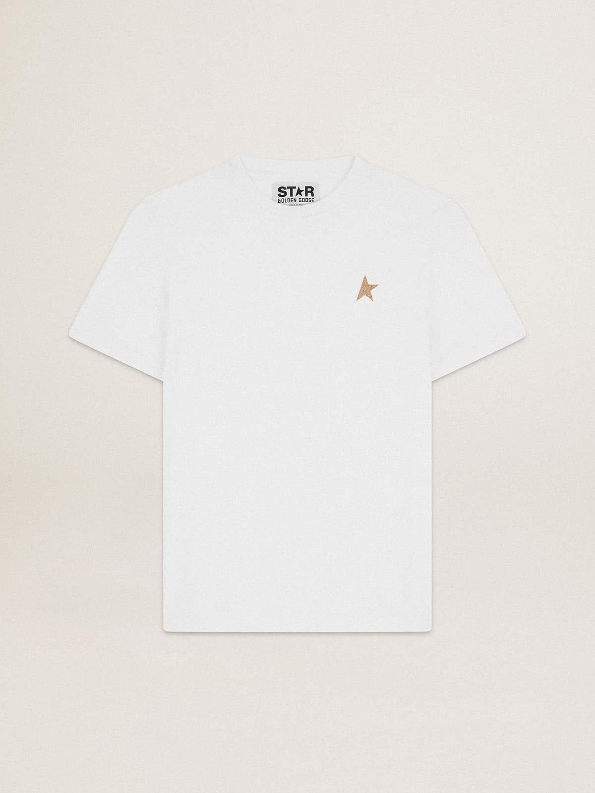 Golden Goose - Men’s white T-shirt with star in gold glitter on the front in 