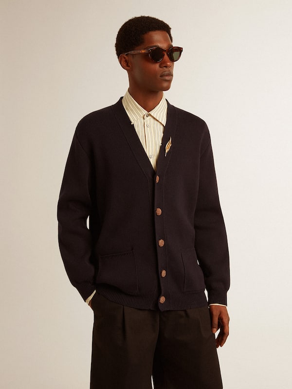 Golden Goose - Golden Collection cardigan in dark blue cotton with a distressed finish in 