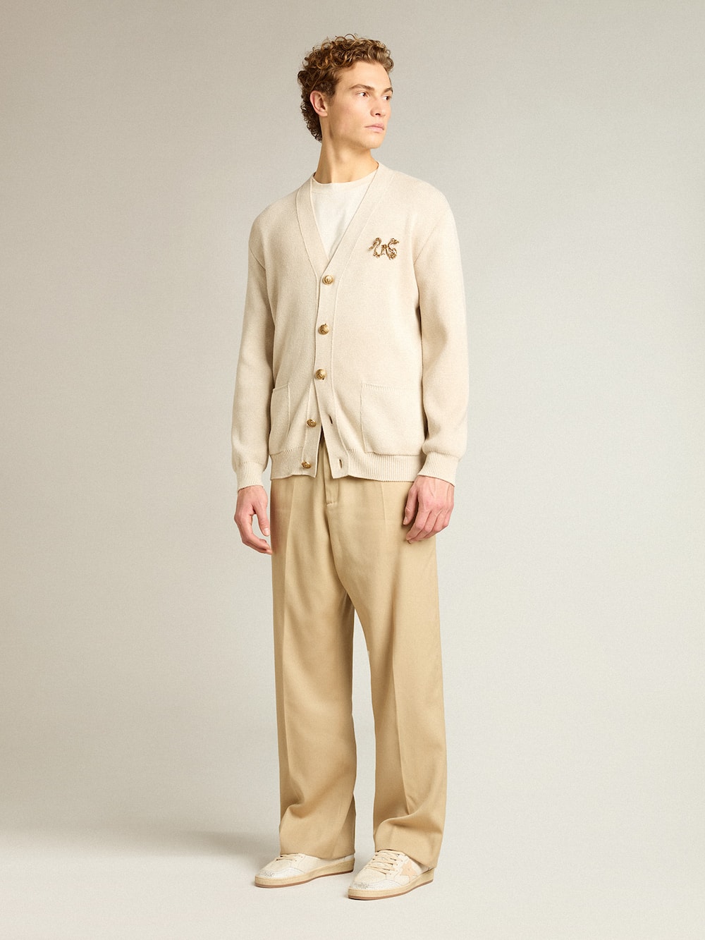 Golden Goose - Cardigan in aged white cotton with gold button fastening in 
