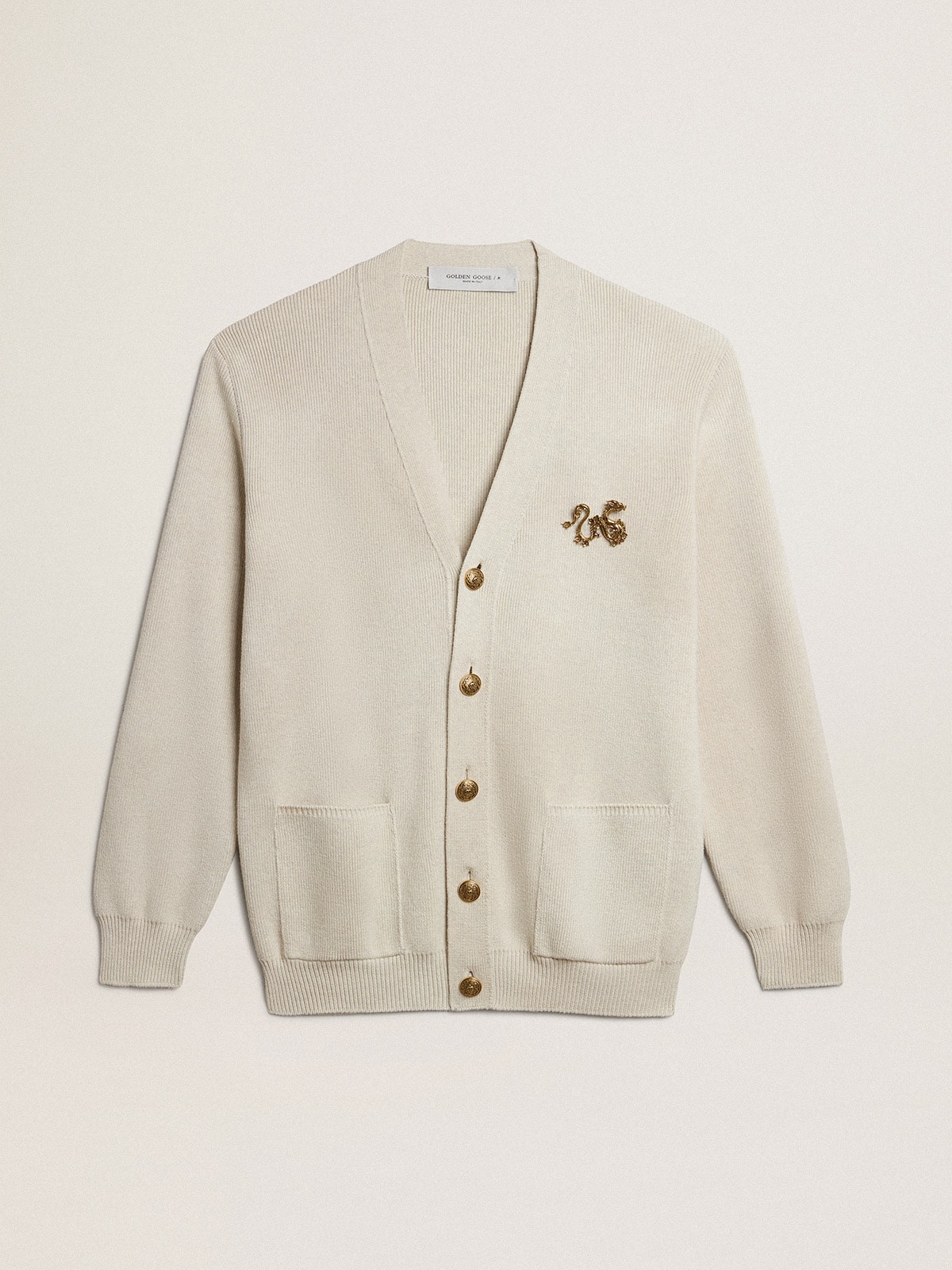 Cardigan in aged white cotton with gold button fastening | Golden ...