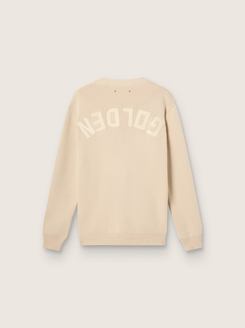 Golden Goose - Beigefarbener Herrencardigan mit &bdquo;Golden&ldquo;-Aufschrift auf der R&uuml;ckseite in 