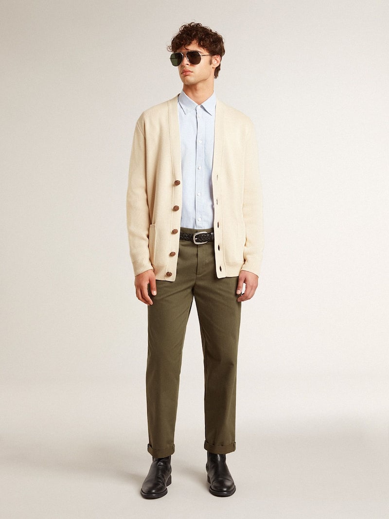 Golden Goose - Beigefarbener Herrencardigan mit &bdquo;Golden&ldquo;-Aufschrift auf der R&uuml;ckseite in 