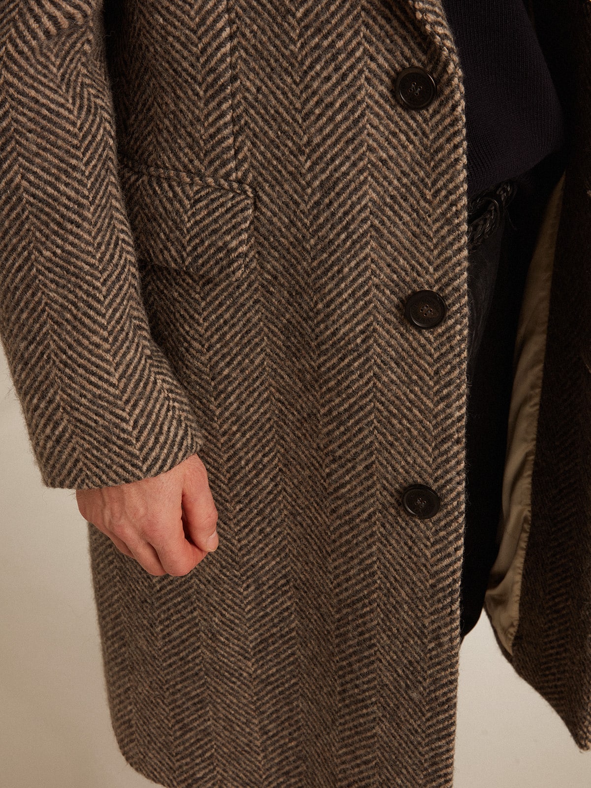 Golden Goose - Men's single-breasted wool coat with beige and gray herringbone weave in 