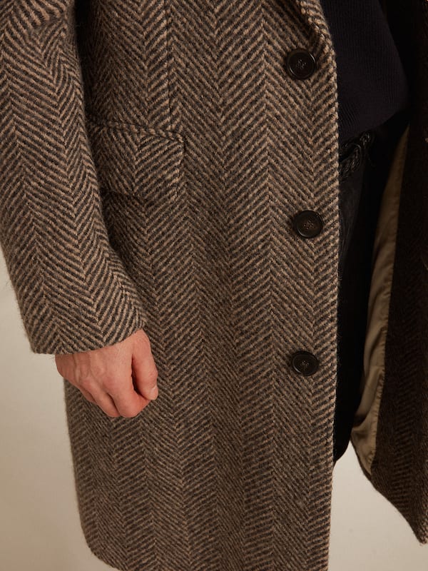 Golden Goose - Manteau droit homme en laine avec trame à chevrons beige et gris in 