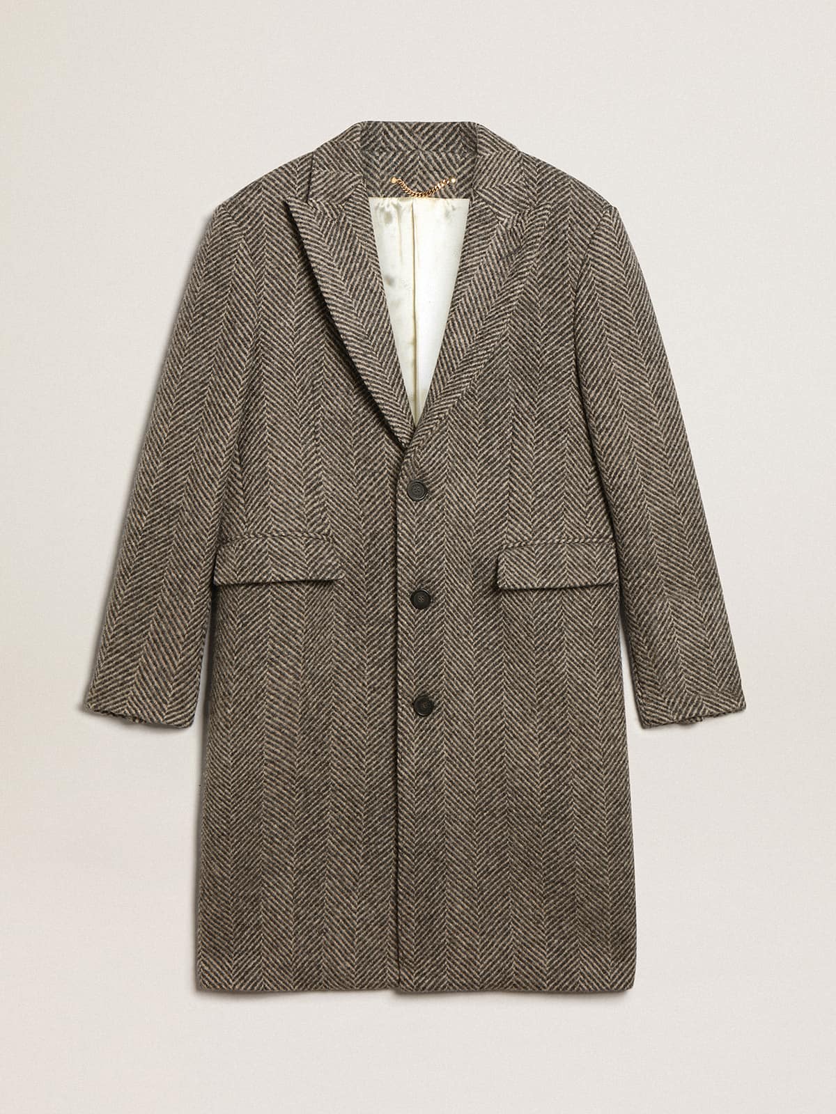 Golden Goose - Men's single-breasted wool coat with beige and gray herringbone weave in 