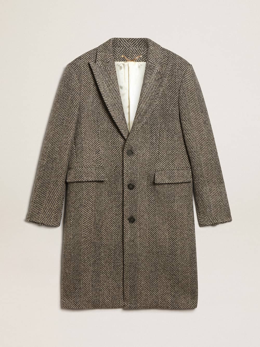 Golden Goose - Cappotto monopetto da uomo in lana con trama spigata beige e grigio in 
