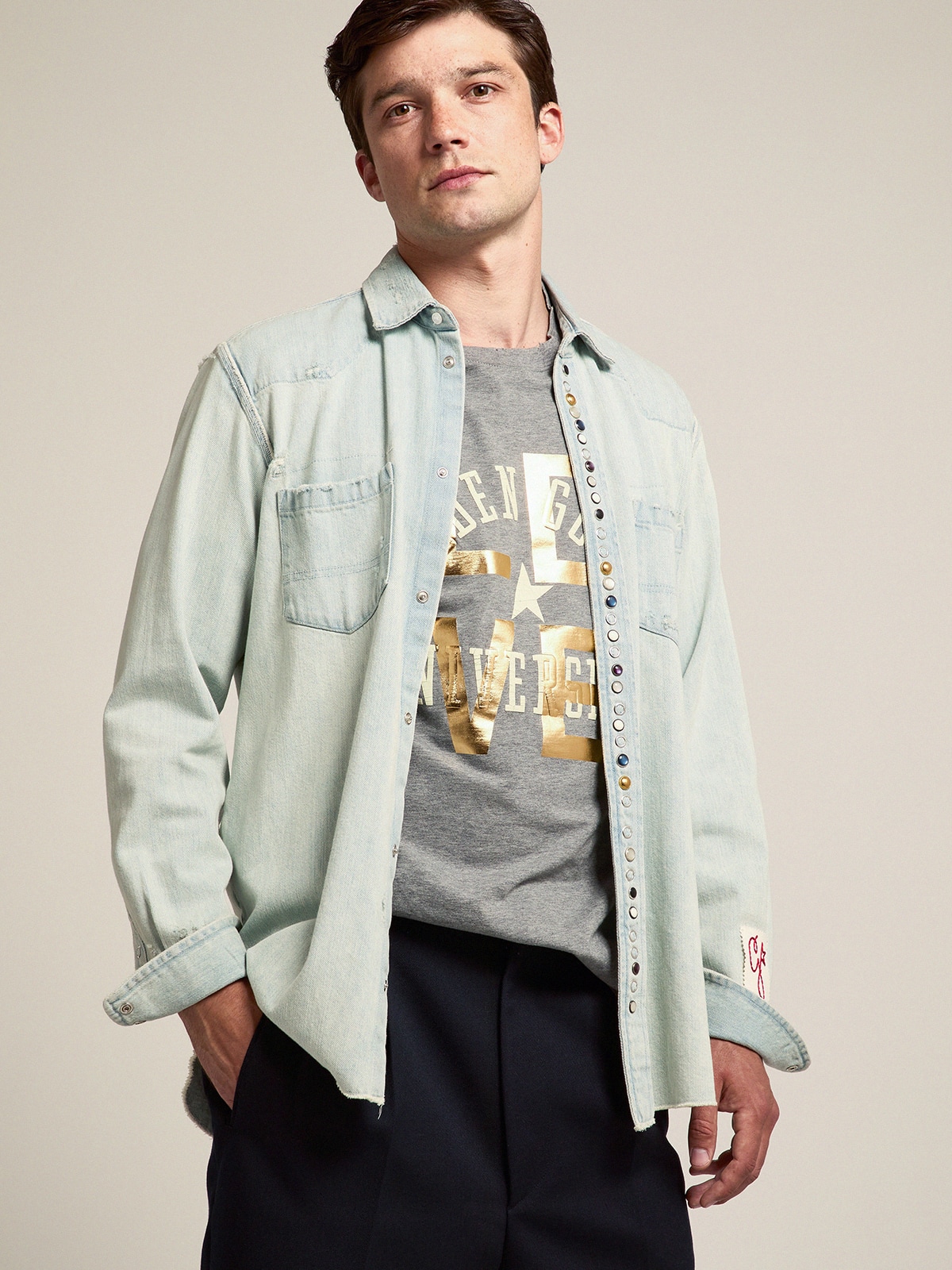 Golden Goose - Gray melange T-shirt with gold lettering and white logo in 