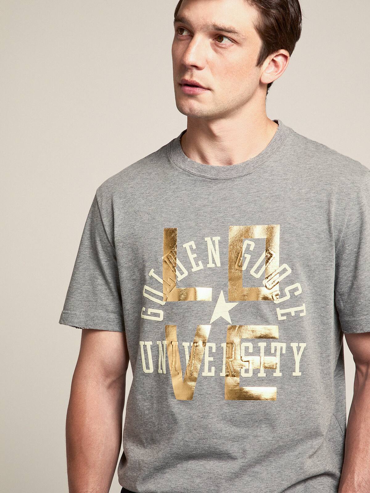 Golden Goose - Gray melange T-shirt with gold lettering and white logo in 