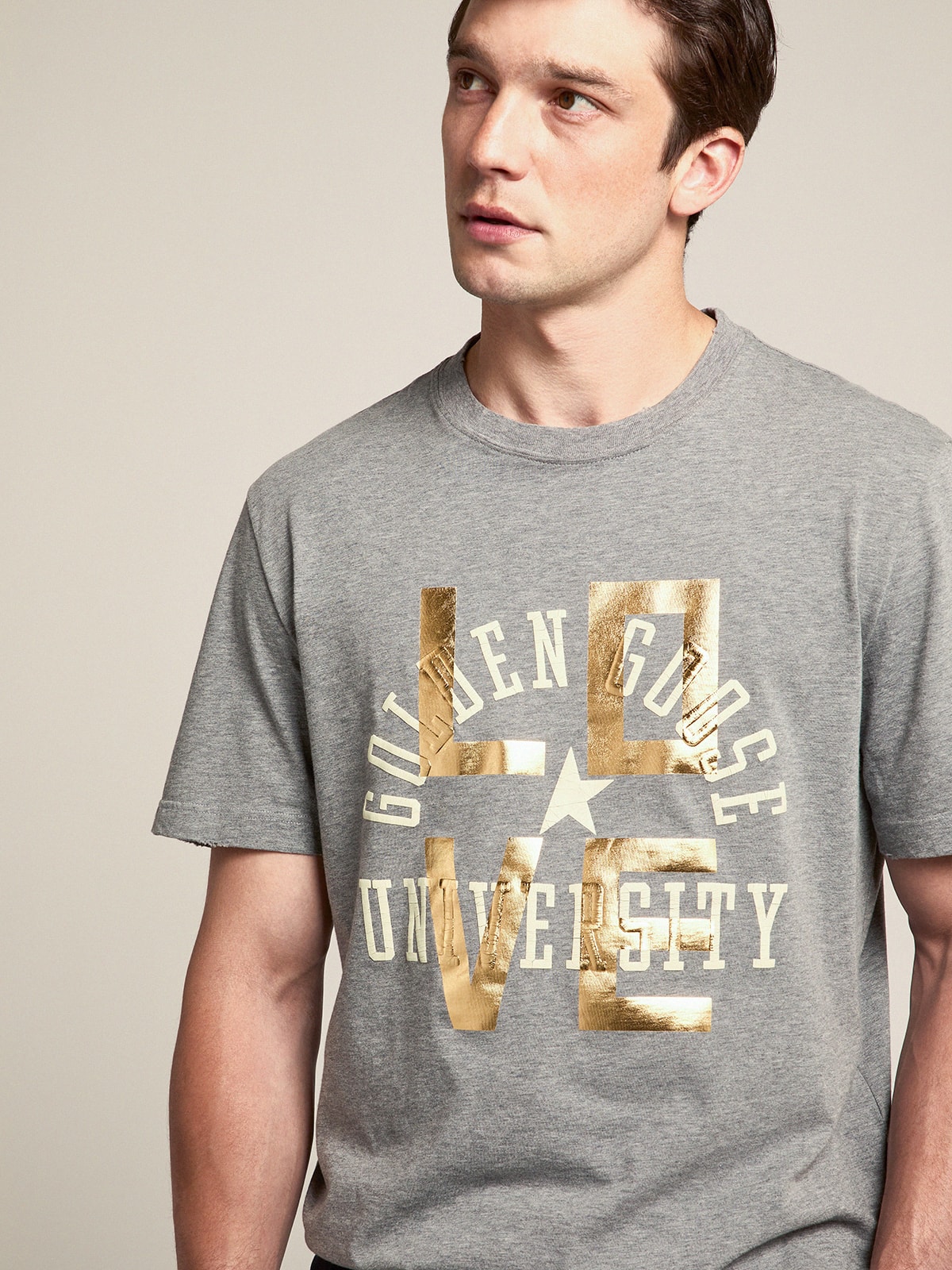 Golden Goose - Gray melange T-shirt with gold lettering and white logo in 