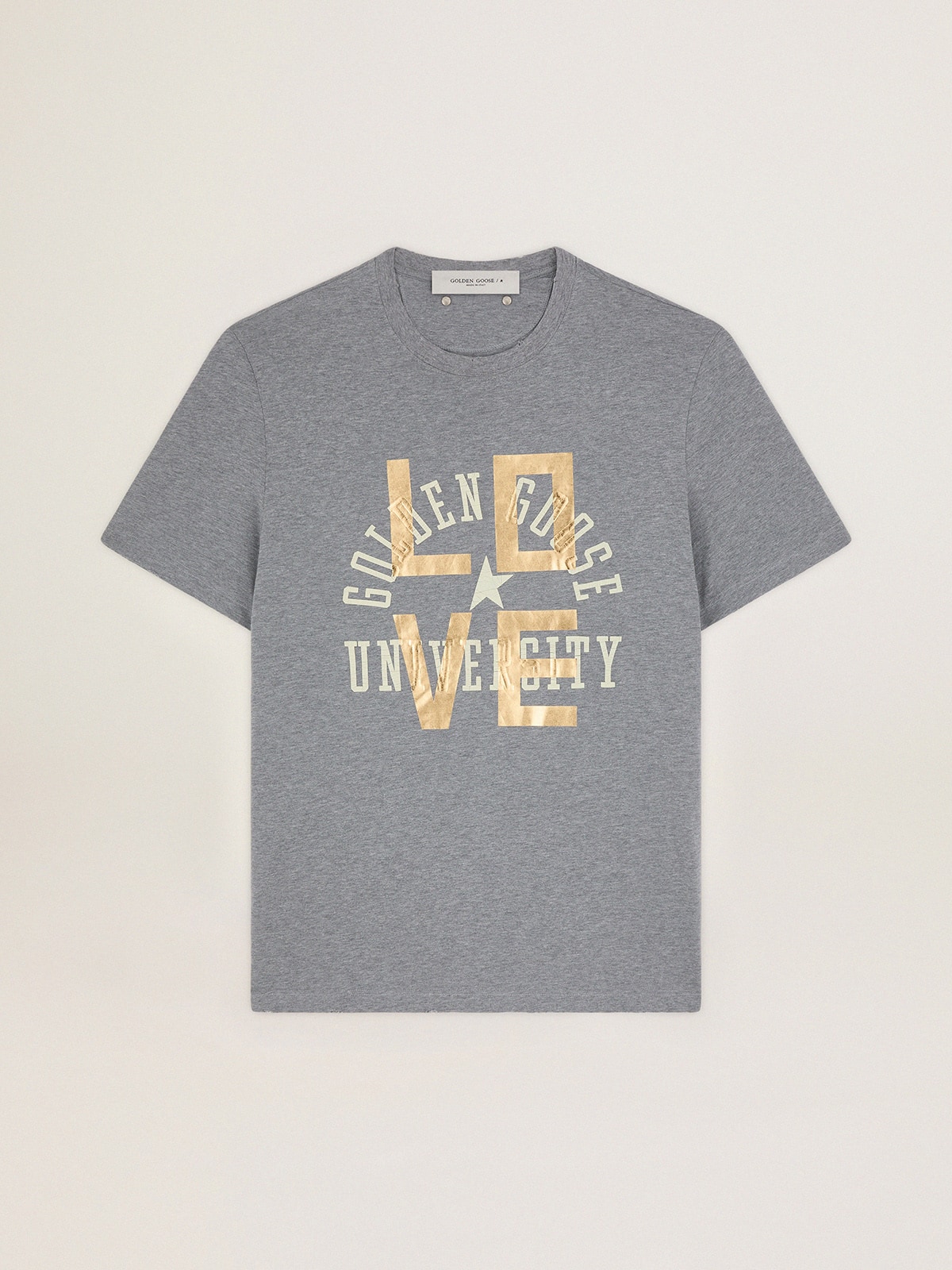 Golden Goose - Gray melange T-shirt with gold lettering and white logo in 