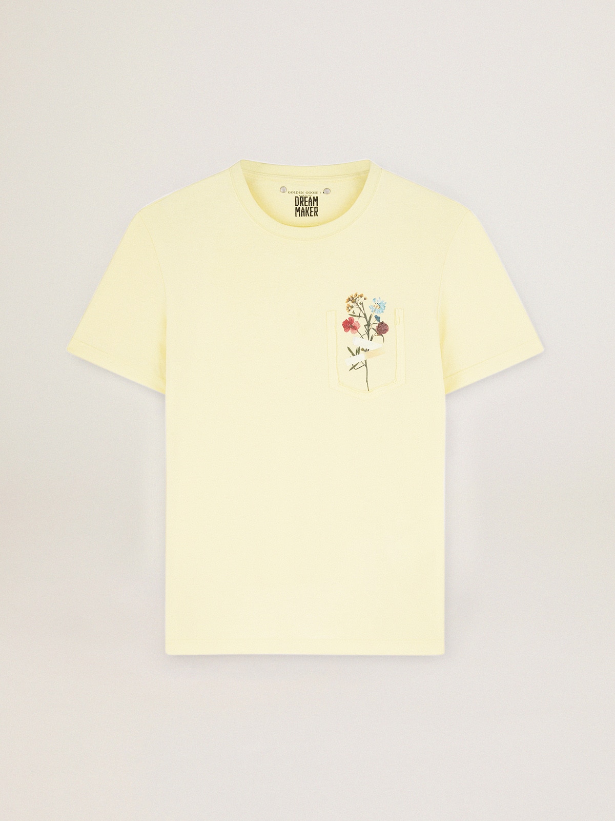 Golden Goose - Pastel yellow T-shirt with floral bouquet on the breast pocket in 