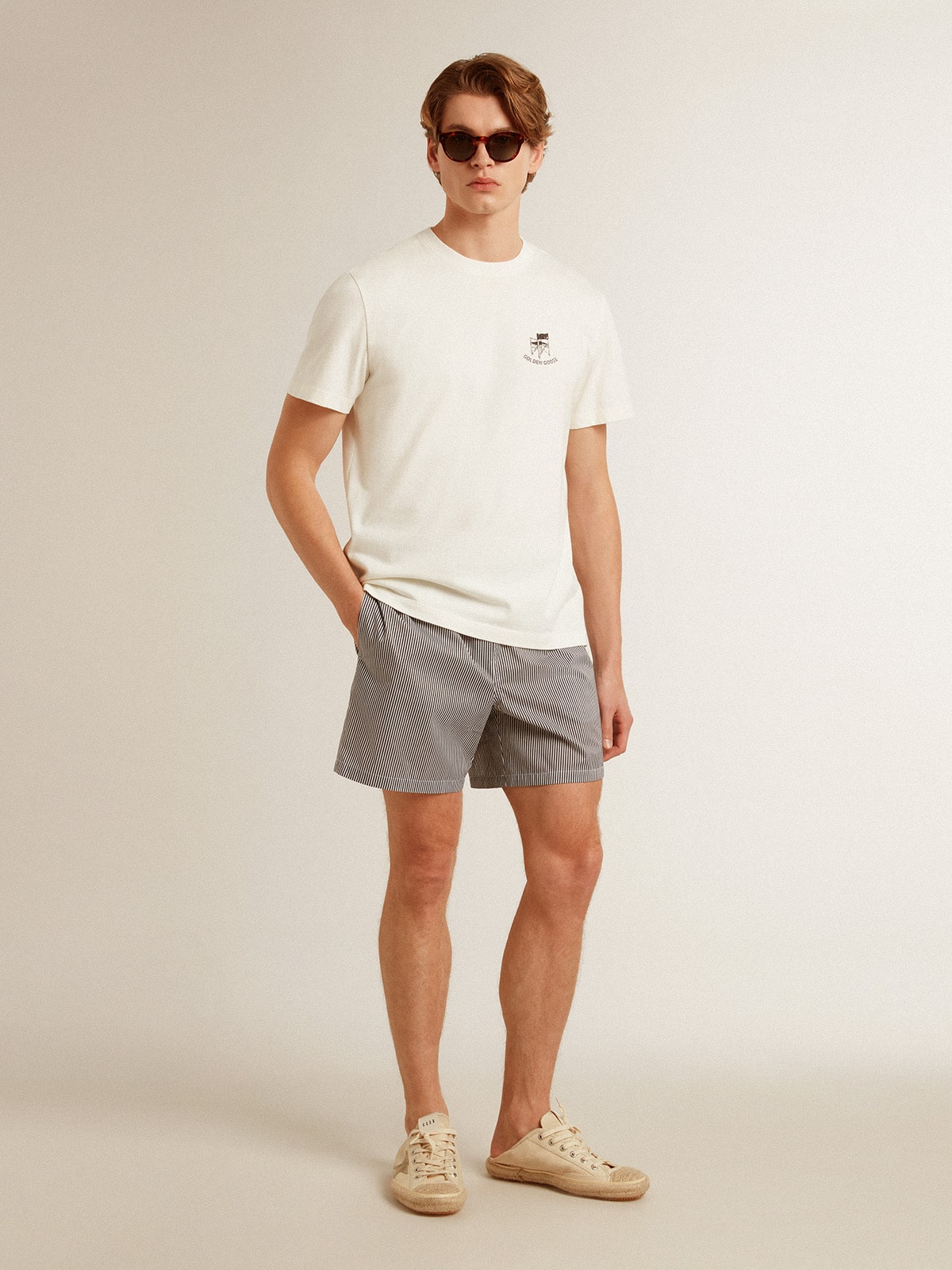 Golden Goose - Swim shorts in blue and white striped technical fabric in 