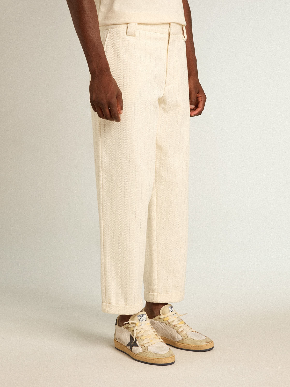 Golden Goose - Aged white cotton pinstripe chino pants in 