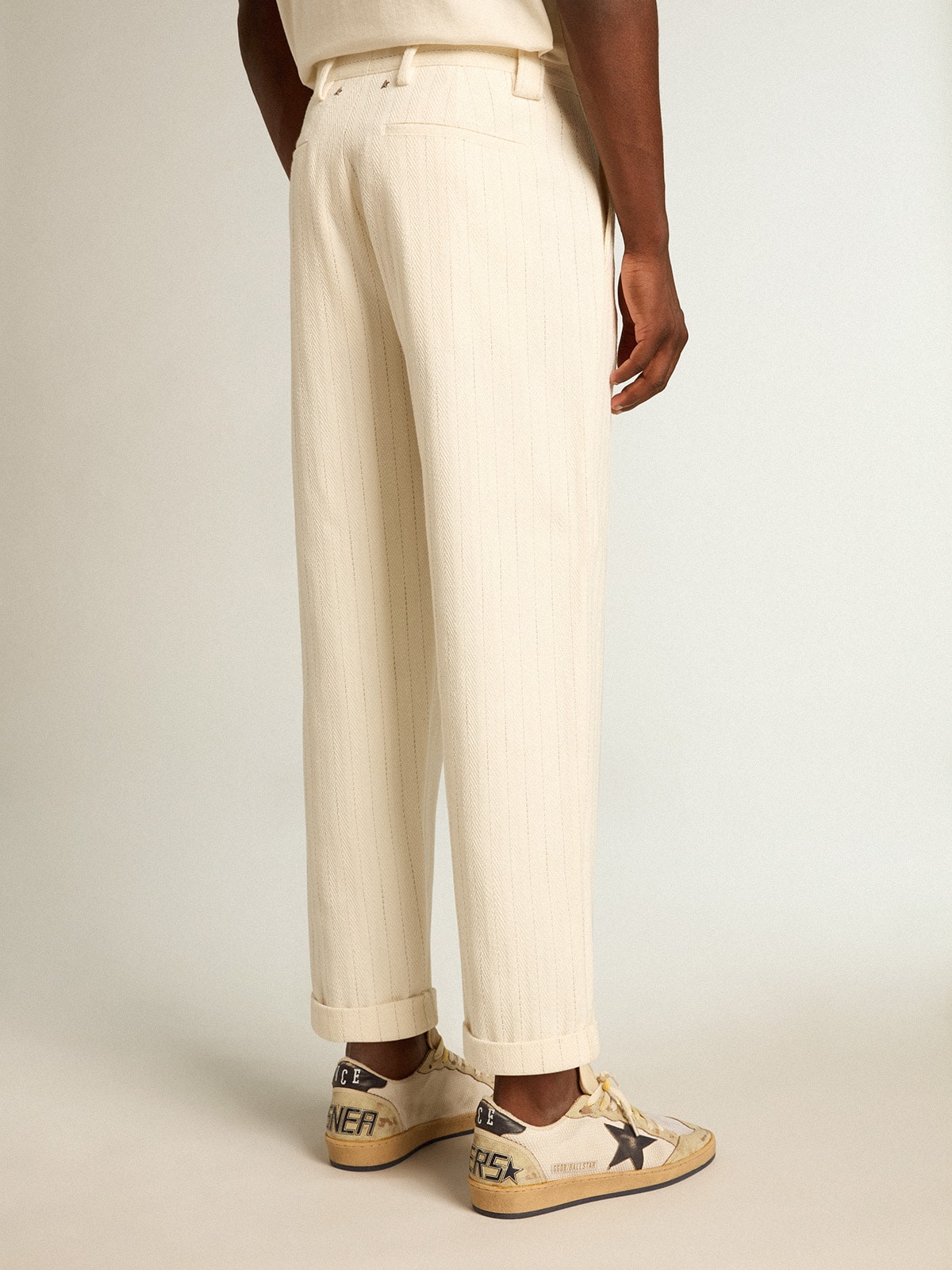 Golden Goose - Aged white cotton pinstripe chino pants in 