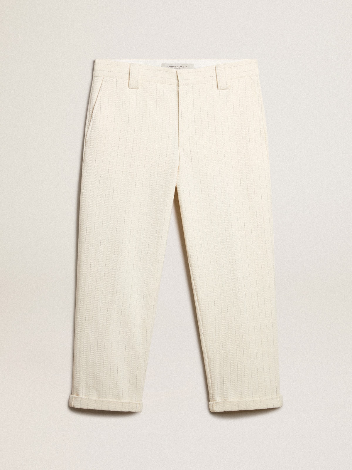 Golden Goose - Aged white cotton pinstripe chino pants in 