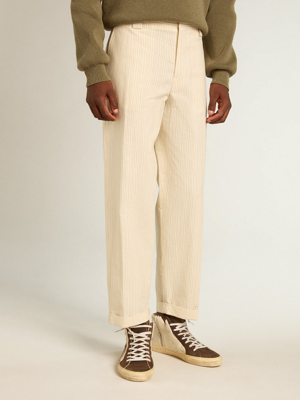 Golden Goose - Men's cream-colored pants in striped cotton in 