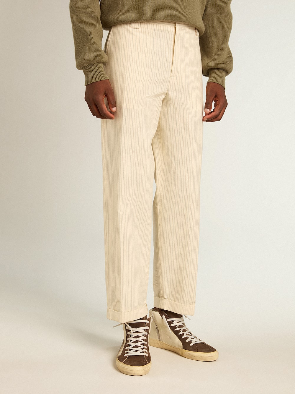 Golden Goose - Pantalone color panna da uomo in cotone a righe in 