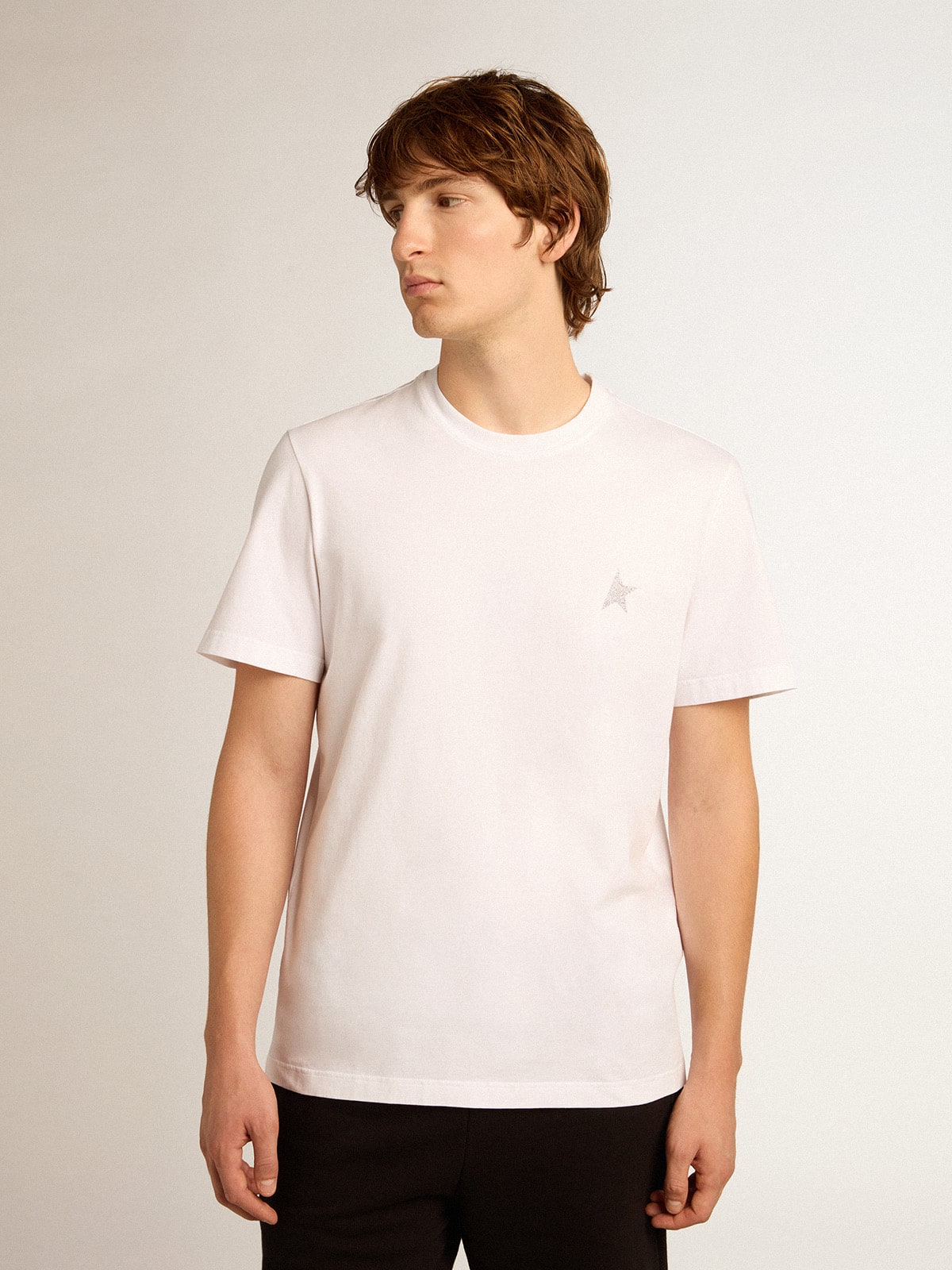 Golden Goose - Men's white T-shirt with silver glitter star on the front in 