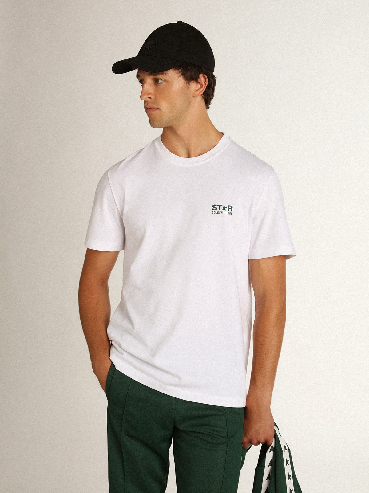 Golden Goose - Men's white T-shirt with contrasting green logo and star in 