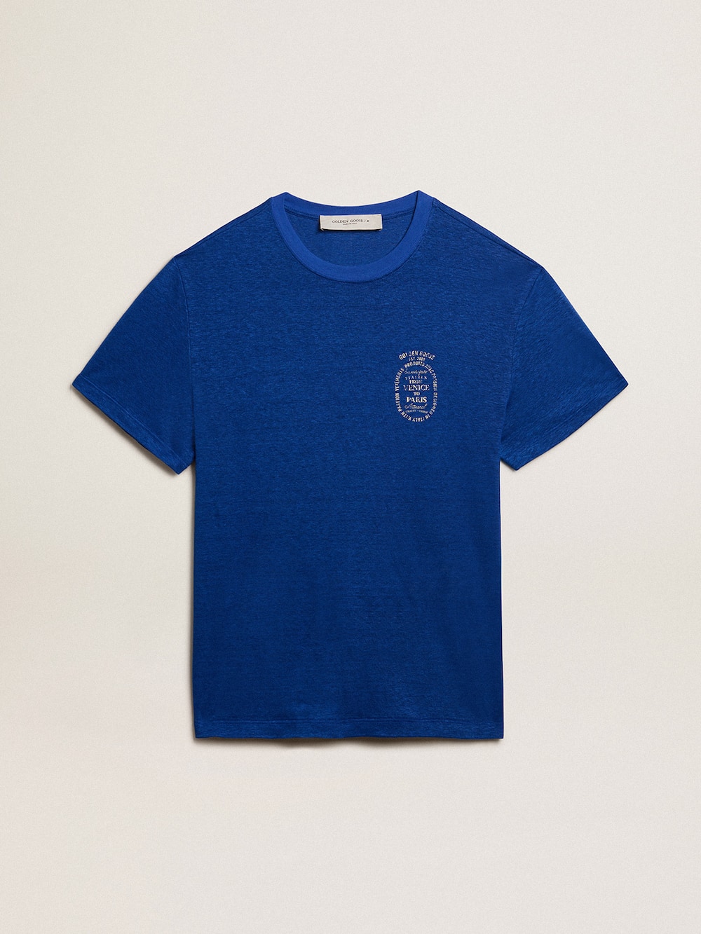 Golden Goose - Blaues Herren-T-Shirt aus Leinen mit Print auf der Brust in 
