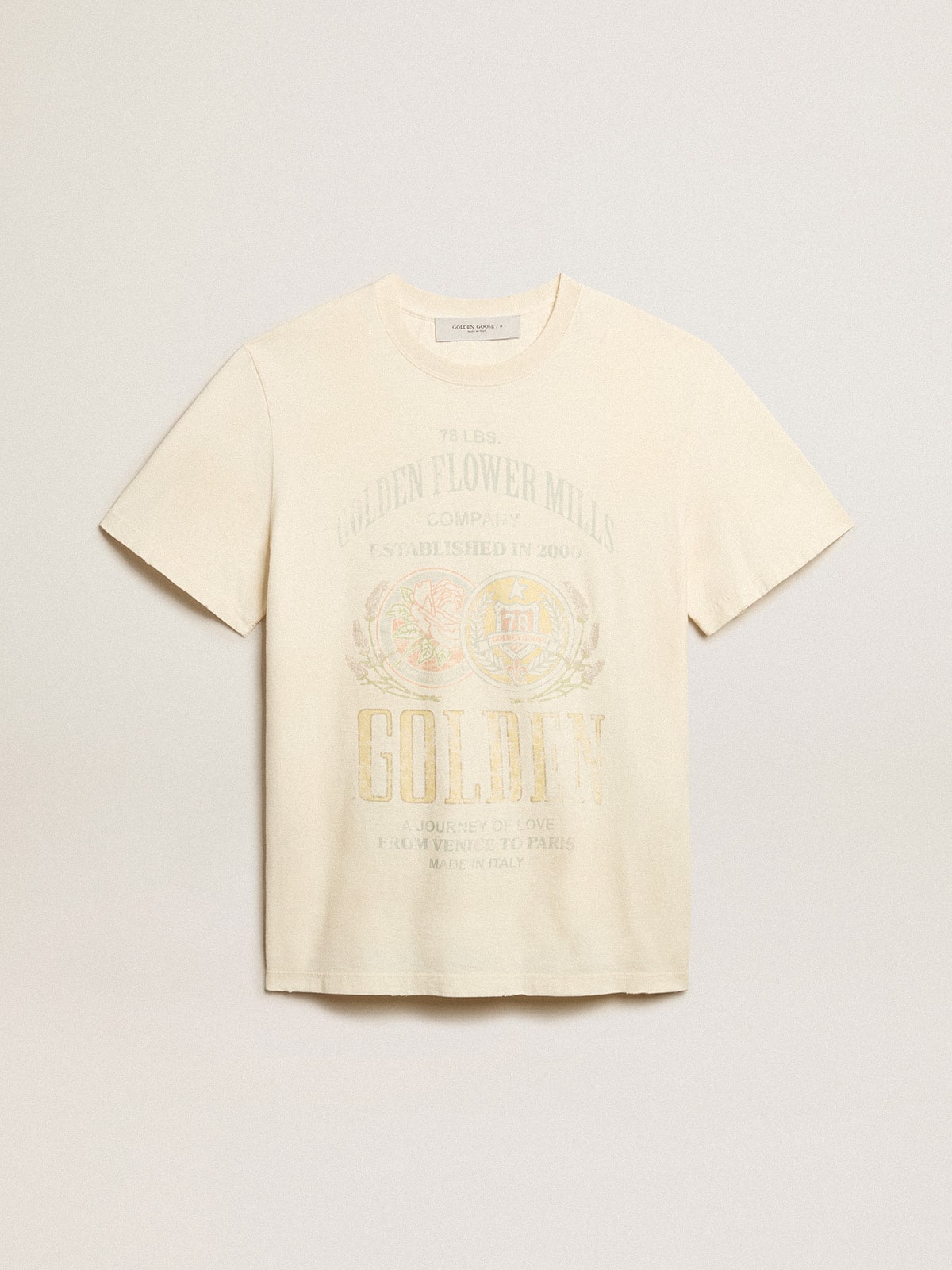 Golden Goose - T-shirt homme en coton blanc vieilli avec imprimé sur le devant in 