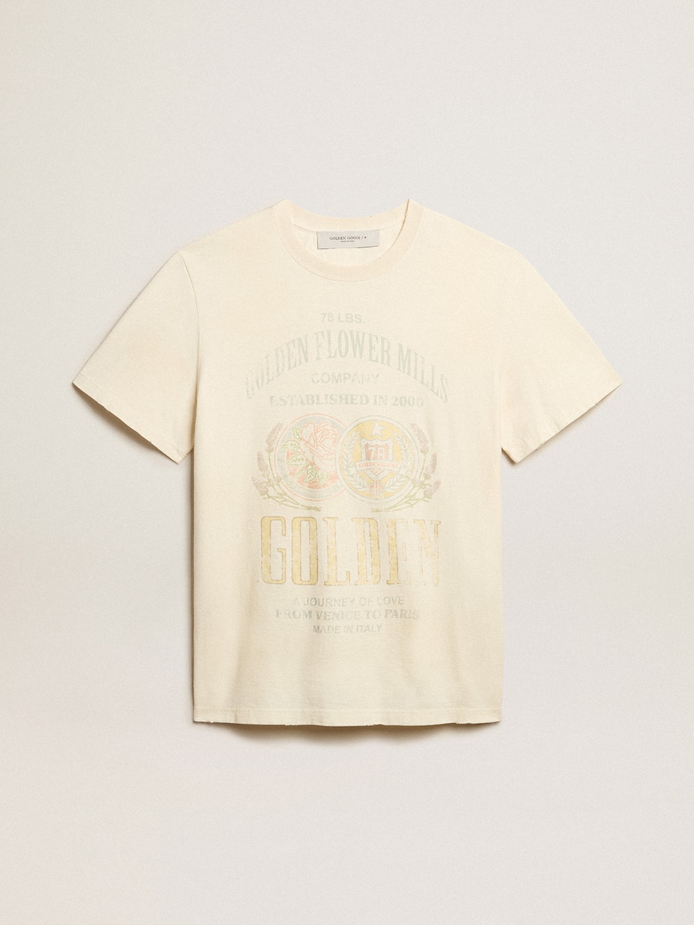 Golden Goose - T-Shirt da uomo in cotone color bianco vissuto con stampa sul davanti in 
