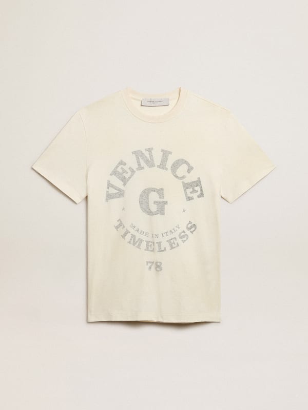 Golden Goose - T-Shirt da uomo in cotone color bianco vissuto e scritta sbiadita  in 