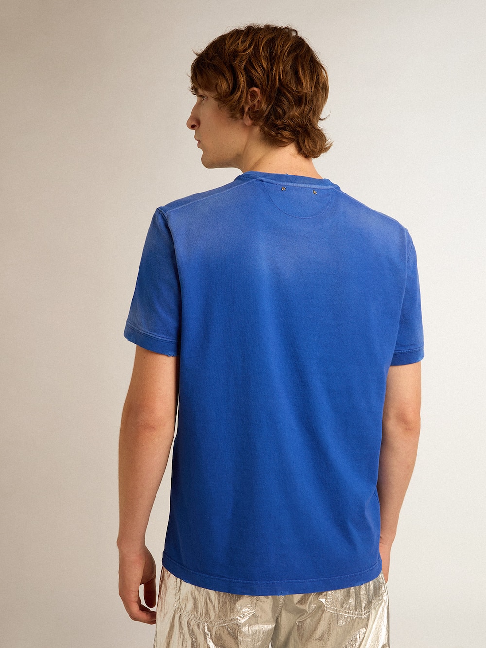 Golden Goose - Blaues Baumwoll-T-Shirt mit Marathon-Sujet auf der Vorderseite in 