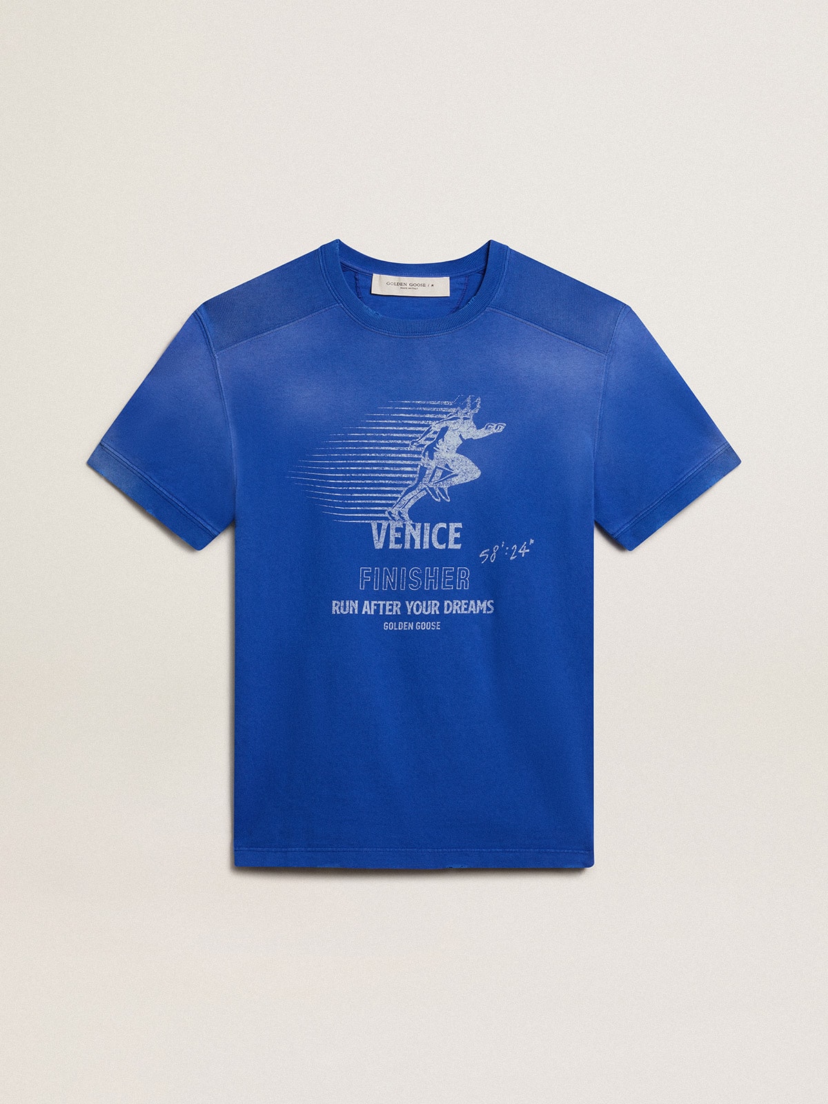 Blue cotton T-shirt with Marathon poster on the front