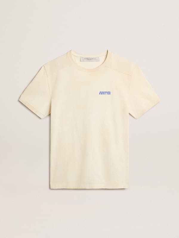 Golden Goose - Camiseta de algodón color blanco envejecido con logotipo Marathon azul in 