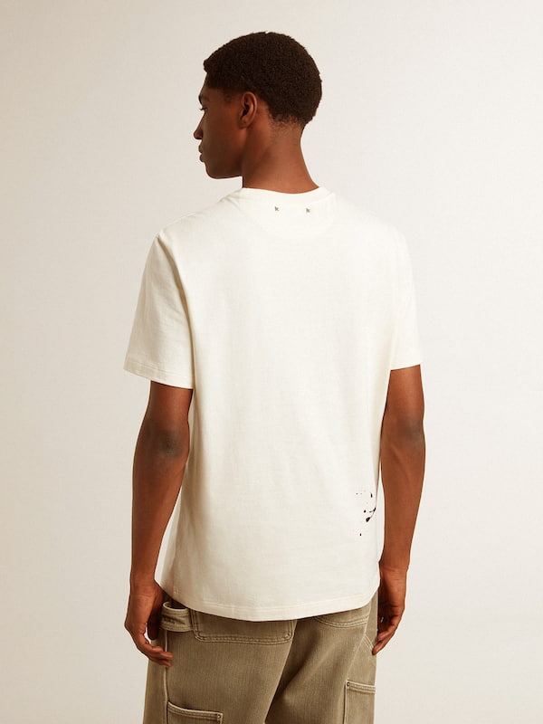 Golden Goose - Men's T-shirt in aged white cotton with print and embroidery in 