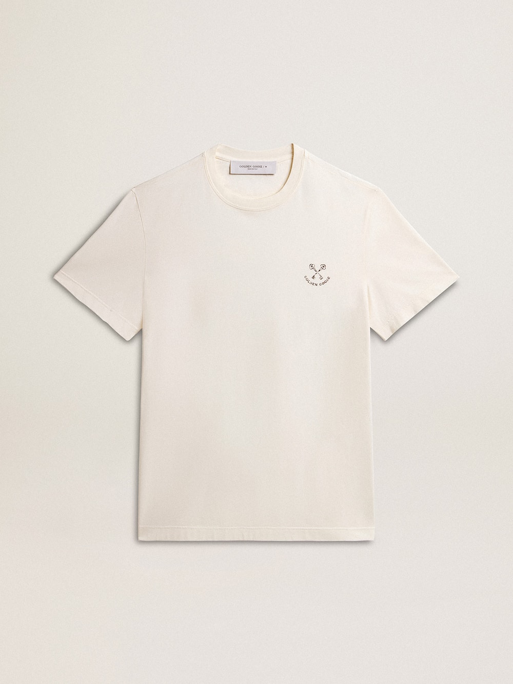 Golden Goose - Camiseta masculina de algodão branco usado e estampa na altura do coração in 