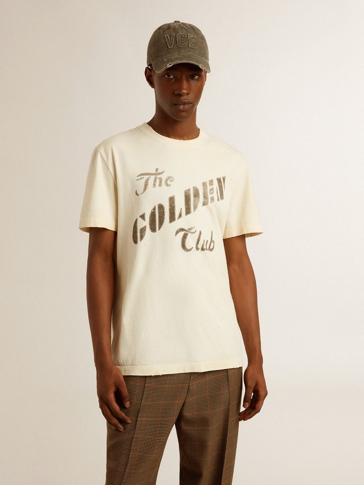 Golden Goose - T-shirt da uomo in cotone color bianco vissuto con stampa dorata in 