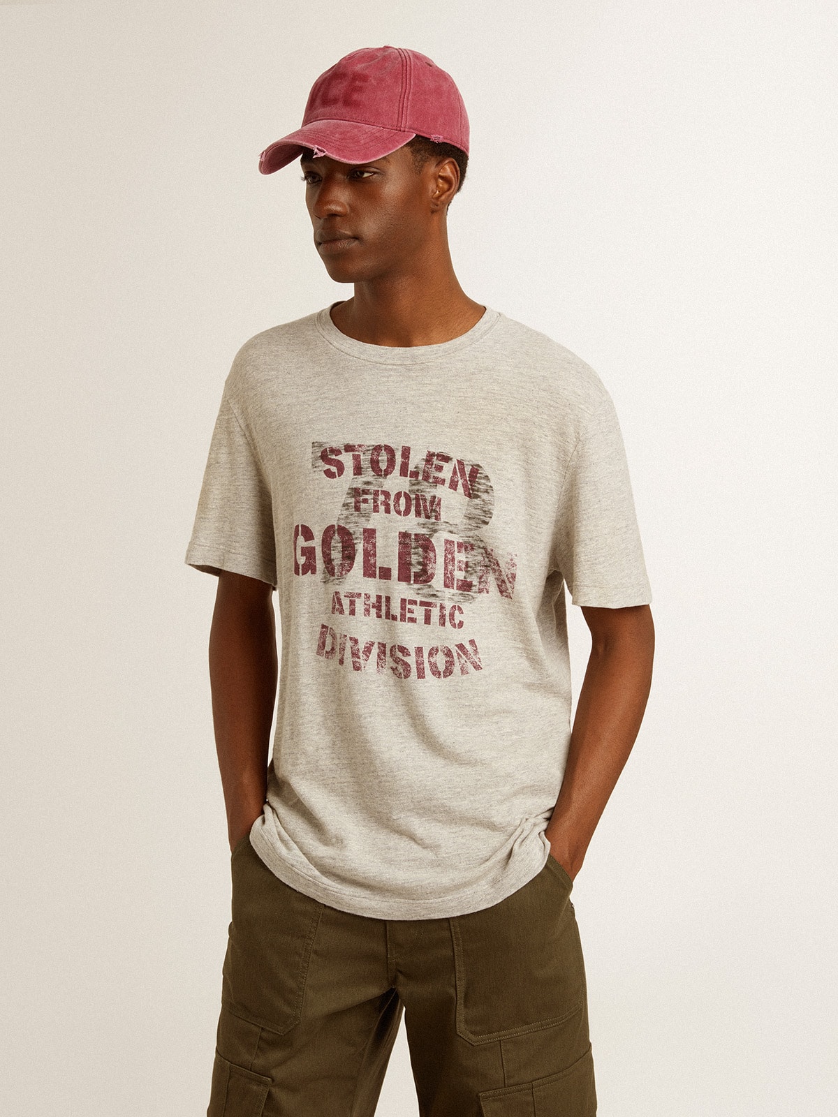 Golden Goose - T-shirt da uomo in cotone color grigio con stampa vintage sul davanti in 