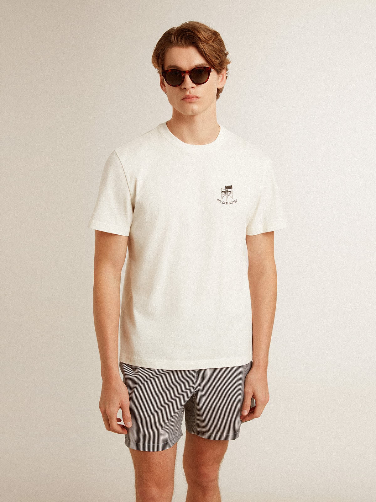 Golden Goose - White cotton T-shirt with seasonal logo print on the front in 