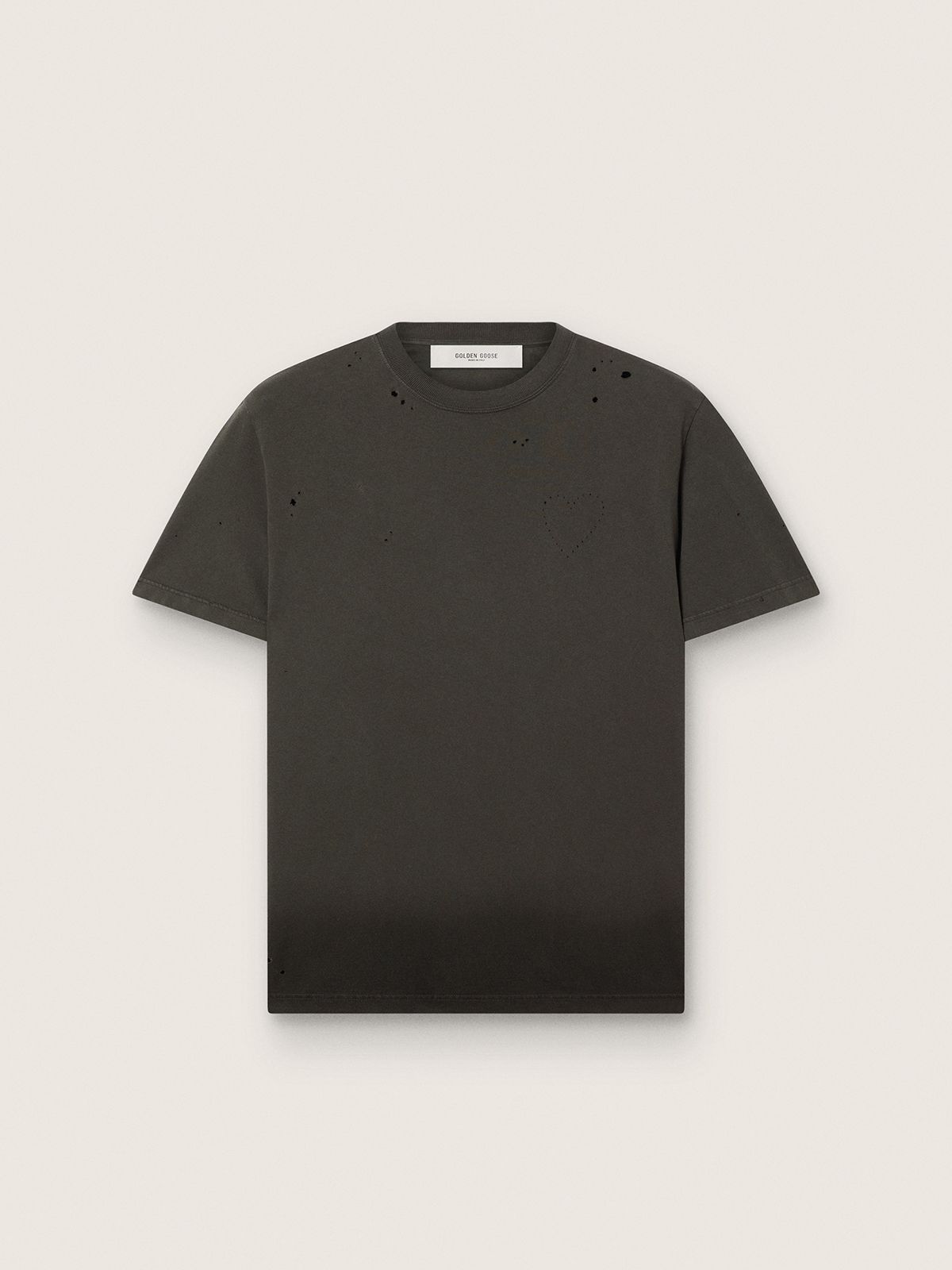 T-shirt pour homme en jersey de coton gris anthracite avec cœur ajouré — Golden Goose