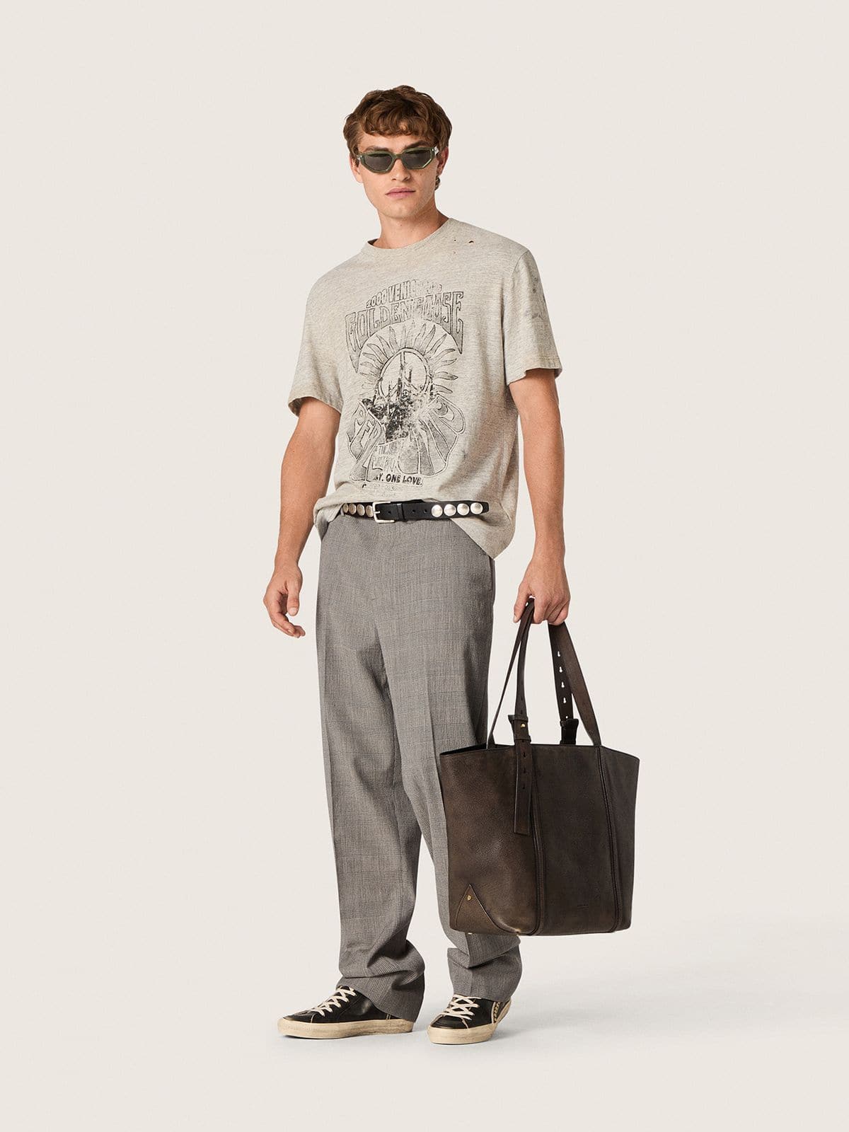 Golden Goose - Herren-T-Shirt aus grau meliertem Jersey mit Vintage-Print in 